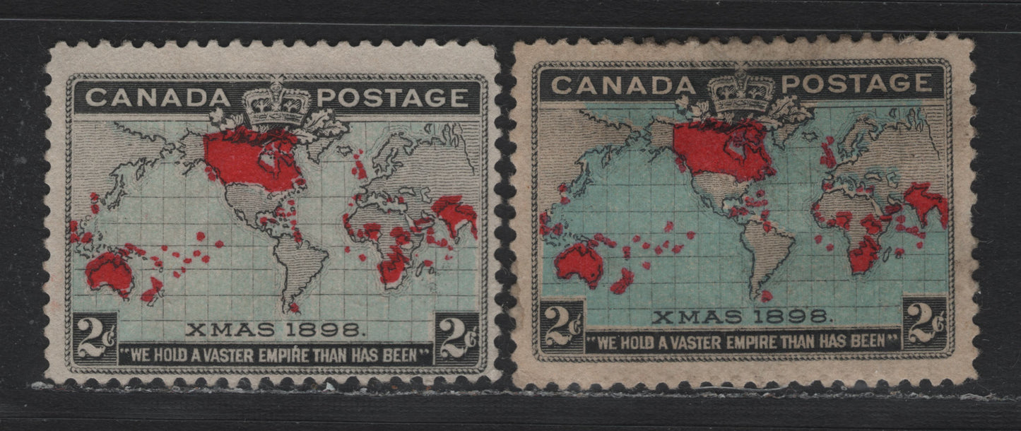 Lot 133 Canada #86, 86b 2c Black, Pale Greenish Blue/Light Prussian Blue & Aniline Red Mercator's Projection, 1898 Imperial Penny Postage Issue, 2 VGOG & Unused Singles, ABN-X & ABN-A Papers, Perfs 12 & 12x11.9