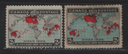 Lot 133 Canada #86, 86b 2c Black, Pale Greenish Blue/Light Prussian Blue & Aniline Red Mercator's Projection, 1898 Imperial Penny Postage Issue, 2 VGOG & Unused Singles, ABN-X & ABN-A Papers, Perfs 12 & 12x11.9