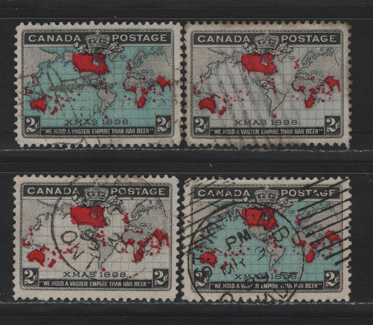 Lot 139 Canada #85,I, 86,b 2c Black, Lavender & Aniline Red - Black, Gray & Aniline Red Mercator's Projection, 1898 Imperial Penny Postage Issue, 4 Very Fine Used Singles, ABN-X, ABN-WWWW, ABN-A & ABN-AA Papers, Perfs 11.9x12, 12 & 12x11.9