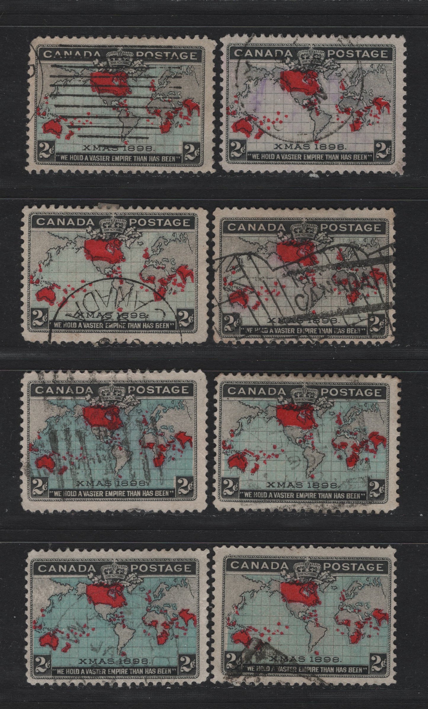 Lot 140 Canada #85i, 86, 86b 2c Black, Lavender Gray/Light Prussian Blue & Aniline Red Mercator's Projection, 1898 Imperial Penny Postage Issue, 8 Fine Used Singles, Various Papers & Perfs