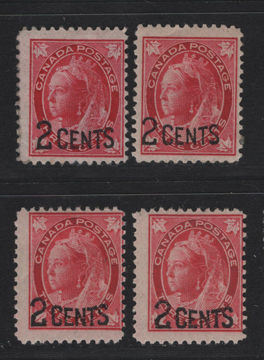 Lot 142 Canada #87 2c on 3c Carmine Queen Victoria, 1899 Provisional Issue, 3 VG/FOG Singles, ABN-X & ABN-Y Papers, Perfs 12 & 12x11.9
