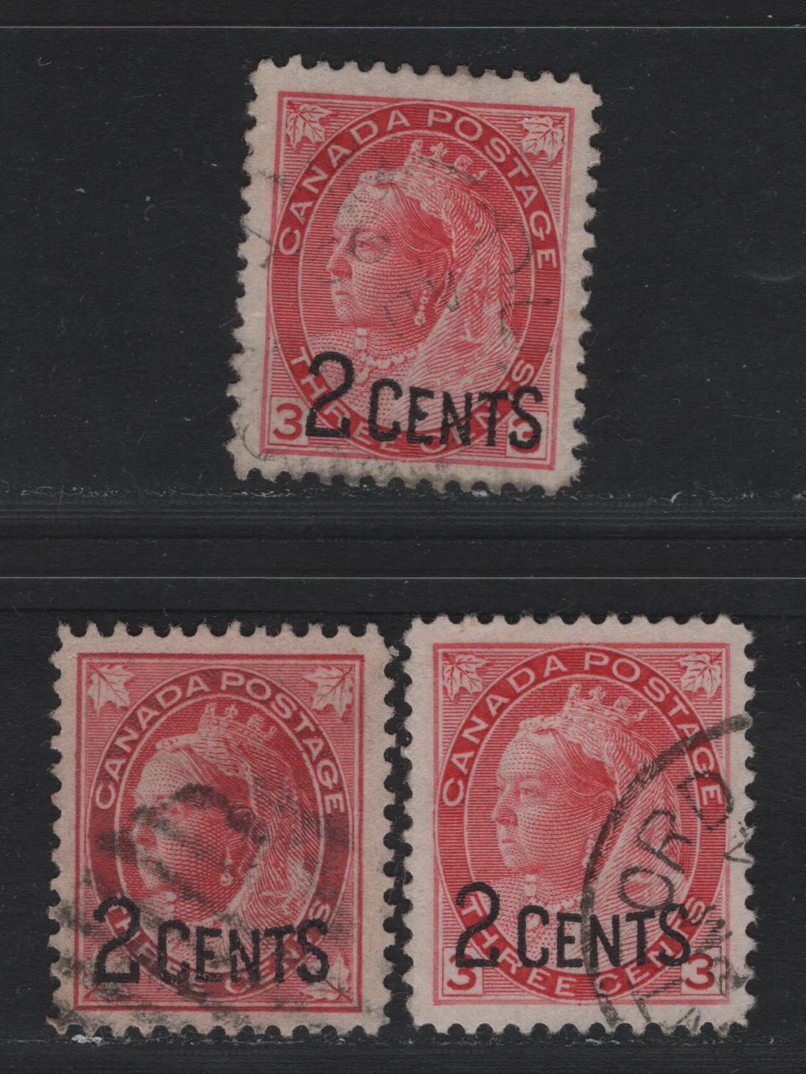 Lot 145 Canada #87, 88 2c on 3c Carmine Queen Victoria, 1899 Provisional Issue, 3 Very Fine Used Singles, Papers ABN-X & ABN-Y, Perfs 12x11.9 & 12