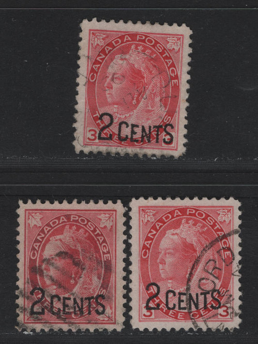 Lot 145 Canada #87, 88 2c on 3c Carmine Queen Victoria, 1899 Provisional Issue, 3 Very Fine Used Singles, Papers ABN-X & ABN-Y, Perfs 12x11.9 & 12