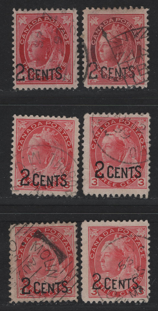 Lot 146 Canada #87, 88 2c on 3c Carmine & Rosine Queen Victoria, 1899 Provisional Issue, 5 Fine Used Singles, ABN-X, ABN-Y, & ABN-A Papers, Perfs 12x12.1, 12x11.9, 12, 11.9x12 & 12x11.8