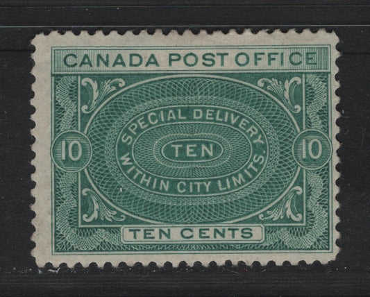 Lot 147 Canada #E1 10c Pale Bluish Green , 1898 Special Delivery Issue, A VGOG Single, ABN-XXXX Paper, Perf 12x11.9, Small & Shallow Hinge Thin At The Top.