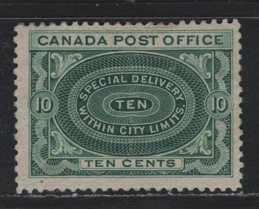 Lot 148 Canada #E1ii 10c Green , 1898 Special Delivery Issue, A FOG Single, ABN-VV Paper, Perf 11.9x12, No Cross Shading In The Value Tablet.