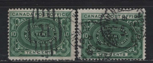 Lot 149 Canada #E1a 10c Green , 1898 Special Delivery Issue, 2 Fine Used Single, ABN-A Papers, Perfs 11.9x11.8 & 12x11.9, March 9 1922 Saint John Cancel.