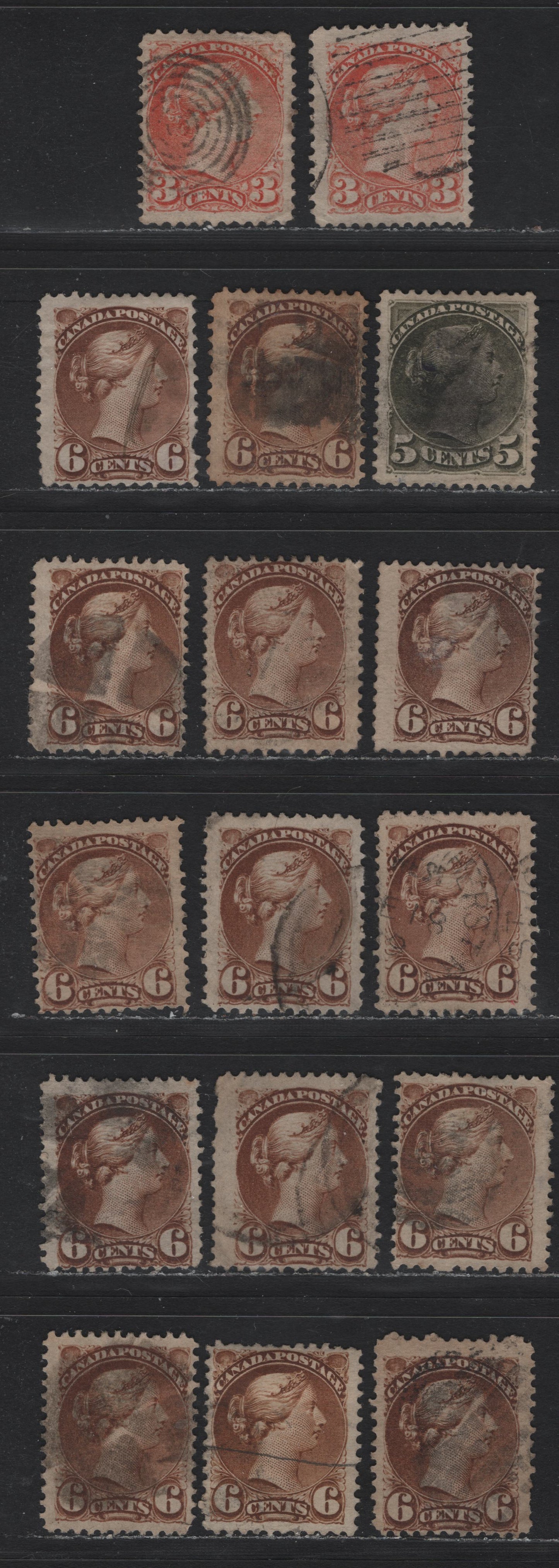 Lot 15 (C) Canada #37,c, 38, 39,b,d 3c - 6c Dull Red - Yellow Brown Queen Victoria, 1870-1893 Small Queen Issue, 17 Fine Used Singles, Study Group, Various Horizontal & Vertical Wove papers, Unchecked As To Specifics, Perfs 11.75x12 & 12.