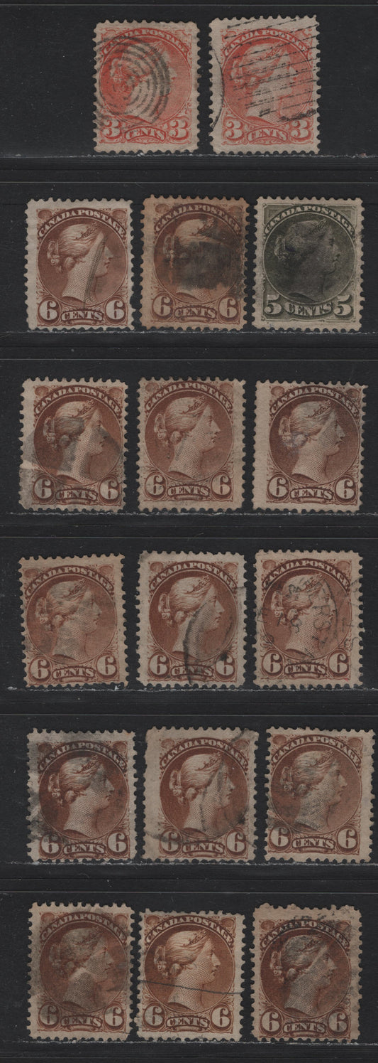 Lot 15 (C) Canada #37,c, 38, 39,b,d 3c - 6c Dull Red - Yellow Brown Queen Victoria, 1870-1893 Small Queen Issue, 17 Fine Used Singles, Study Group, Various Horizontal & Vertical Wove papers, Unchecked As To Specifics, Perfs 11.75x12 & 12.