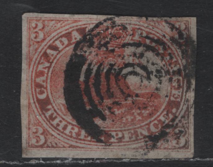 Lot 151 Canada (C) #1a 3d Orange Red Beaver, 1851 Pence Issue, A Fine Used Single, Laid Paper, Very Feint Horizontal Lines, Large Margins on 3 Sides, Tiny Nick In Top Margin That Just Touches The Frameline, But Is Not In.
