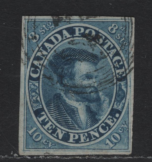 Lot 154 Canada (C)  #7a 10d Blue Jacques Cartier, 1852-1857 Pence Issue, A VF Used Single, Thicker Opaque White Paper With Horiz Mesh, Fully Clear margins On All Sides, Light 4 Ring Cancel (Might Be #44 Smiths Falls).