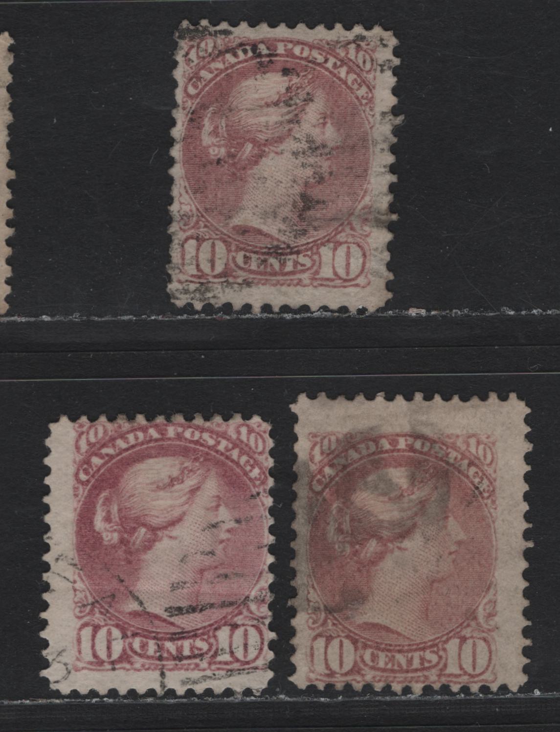 Lot 16 (C) Canada #40 10c Dull Rose Lilac Queen Victoria, 1870-1893 Small Queen Issue, 3 Good/Very Good/Fine Used Singles, Mid Montreal Printings, Perf 12, Two Horizontal Wove Paper & One Vertical Wove Paper, Brighter Shade Has A Light Horizontal Crease.