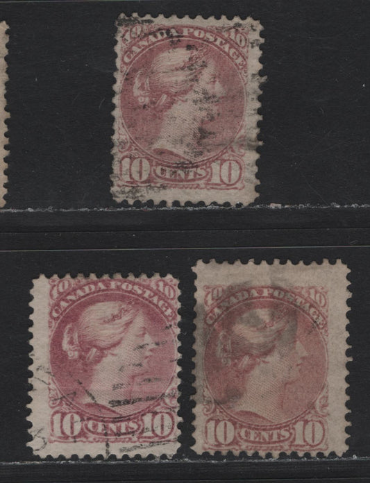 Lot 16 (C) Canada #40 10c Dull Rose Lilac Queen Victoria, 1870-1893 Small Queen Issue, 3 Good/Very Good/Fine Used Singles, Mid Montreal Printings, Perf 12, Two Horizontal Wove Paper & One Vertical Wove Paper, Brighter Shade Has A Light Horizontal Crease.