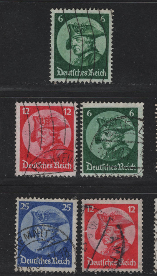 Lot 162 Germany SC#398-400 (Michel 479-481) 6pf - 25pf Dark Green - Ultramarine , 1933 Potsdam Day Issue, 5 Fine Used Singles, Two Shades of 6pf & 12pf