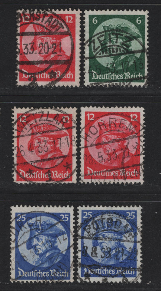 Lot 163 Germany SC#398-400 (479-481) 6pf - 25pf Dark Green - Ultramarine , 1933 Potsdam Day Issue, 6 Fine/Very Fine Used Singles, 1933 Dated SON Town Cancels, Including Horrem, Potsdam, Weitzlar & Zeite