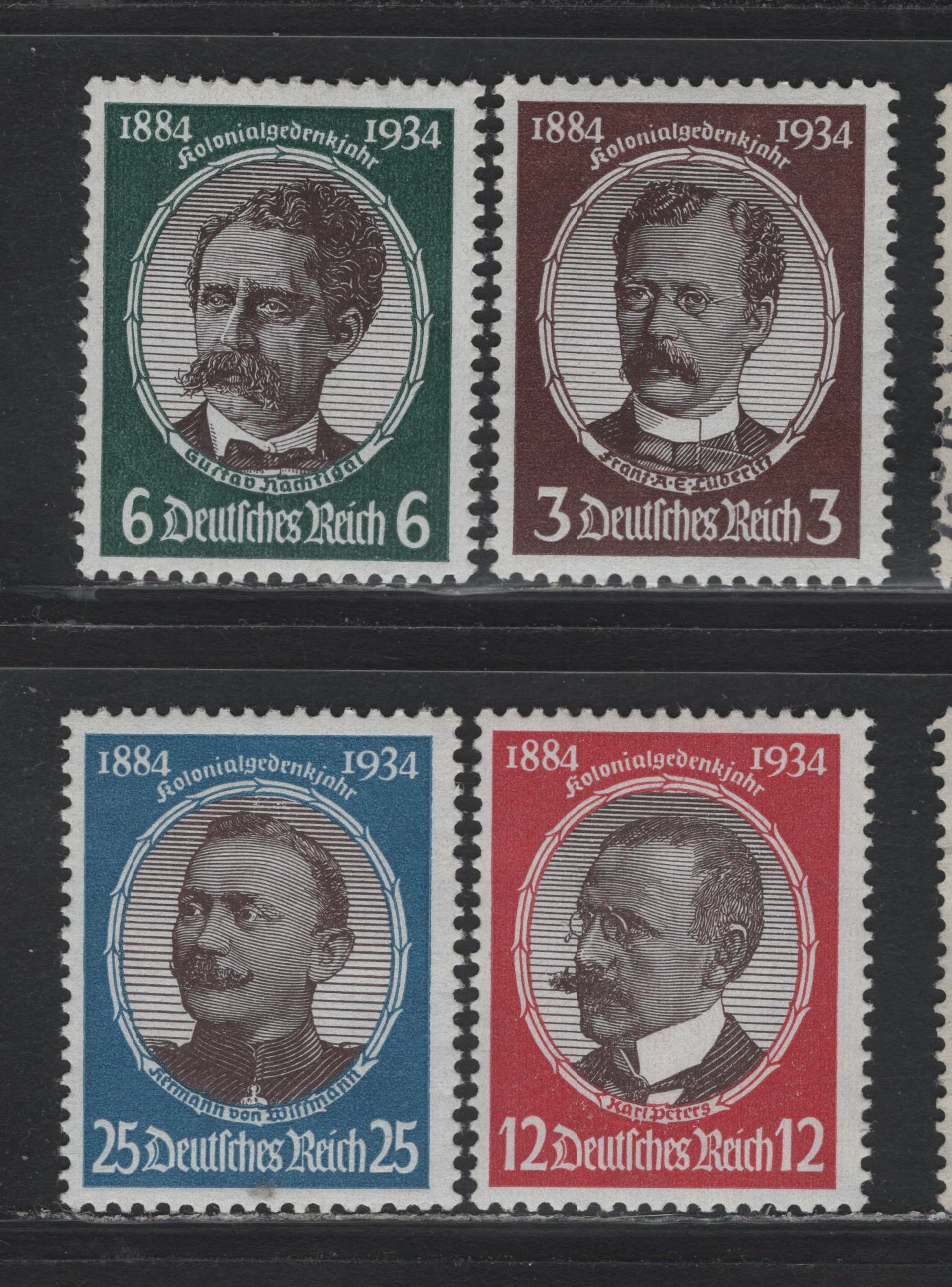 Lot 164 Germany SC#432-435 (540ya, 541x, 542x, 543y) 3pf - 25pf Brown & Chocolate - Bright Blue & Chocolate , 1934 Lost Colonies Issue, 4 F/VFOG Singles, Horizontal Wove Paper On 3pf & 25pf, Vertical Wove For The Other Two