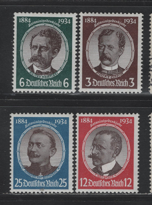 Lot 164 Germany SC#432-435 (540ya, 541x, 542x, 543y) 3pf - 25pf Brown & Chocolate - Bright Blue & Chocolate , 1934 Lost Colonies Issue, 4 F/VFOG Singles, Horizontal Wove Paper On 3pf & 25pf, Vertical Wove For The Other Two
