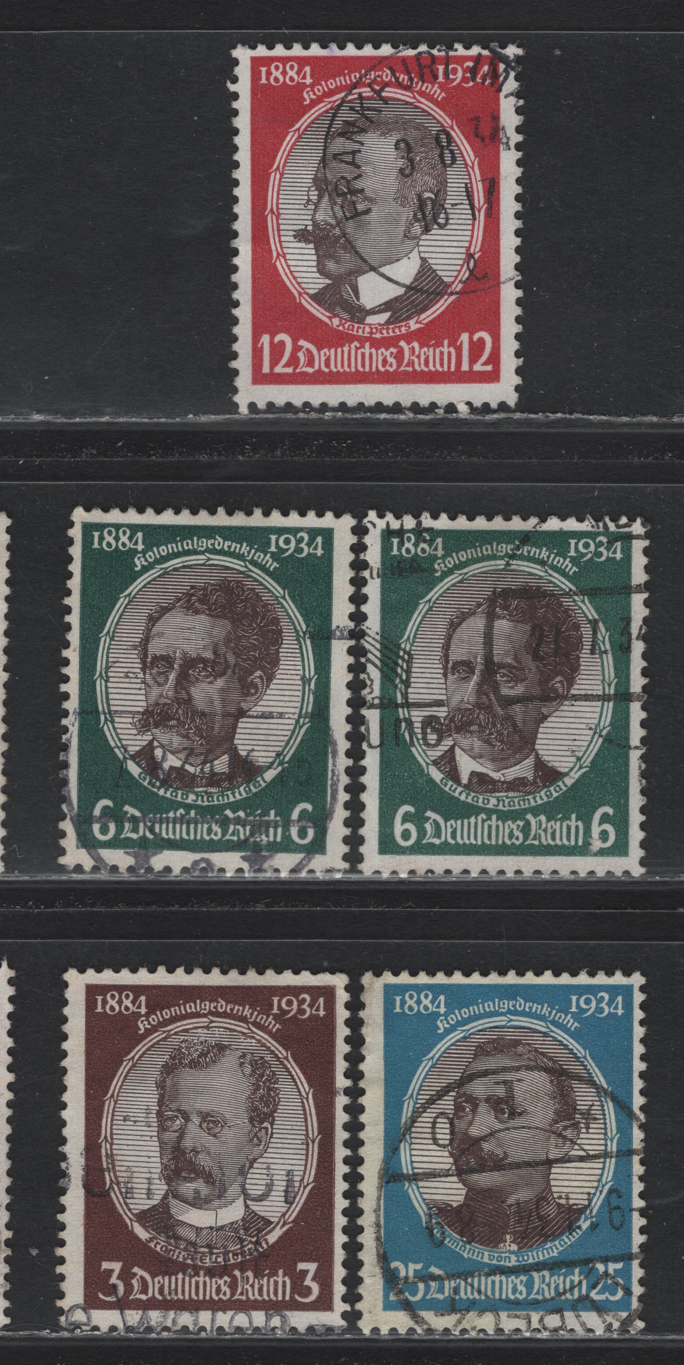 Lot 166 Germany SC#432-435 (540ya, 541x, 542x, 543y) 3pf - 25pf Brown & Chocolate - Bright Blue & Chocolate , 1934 Lost Colonies Issue, 5 Fine Used Singles, Complete Set, With Extra Shade Of 6pf (Centre)