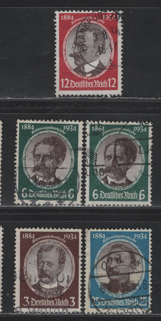 Lot 166 Germany SC#432-435 (540ya, 541x, 542x, 543y) 3pf - 25pf Brown & Chocolate - Bright Blue & Chocolate , 1934 Lost Colonies Issue, 5 Fine Used Singles, Complete Set, With Extra Shade Of 6pf (Centre)