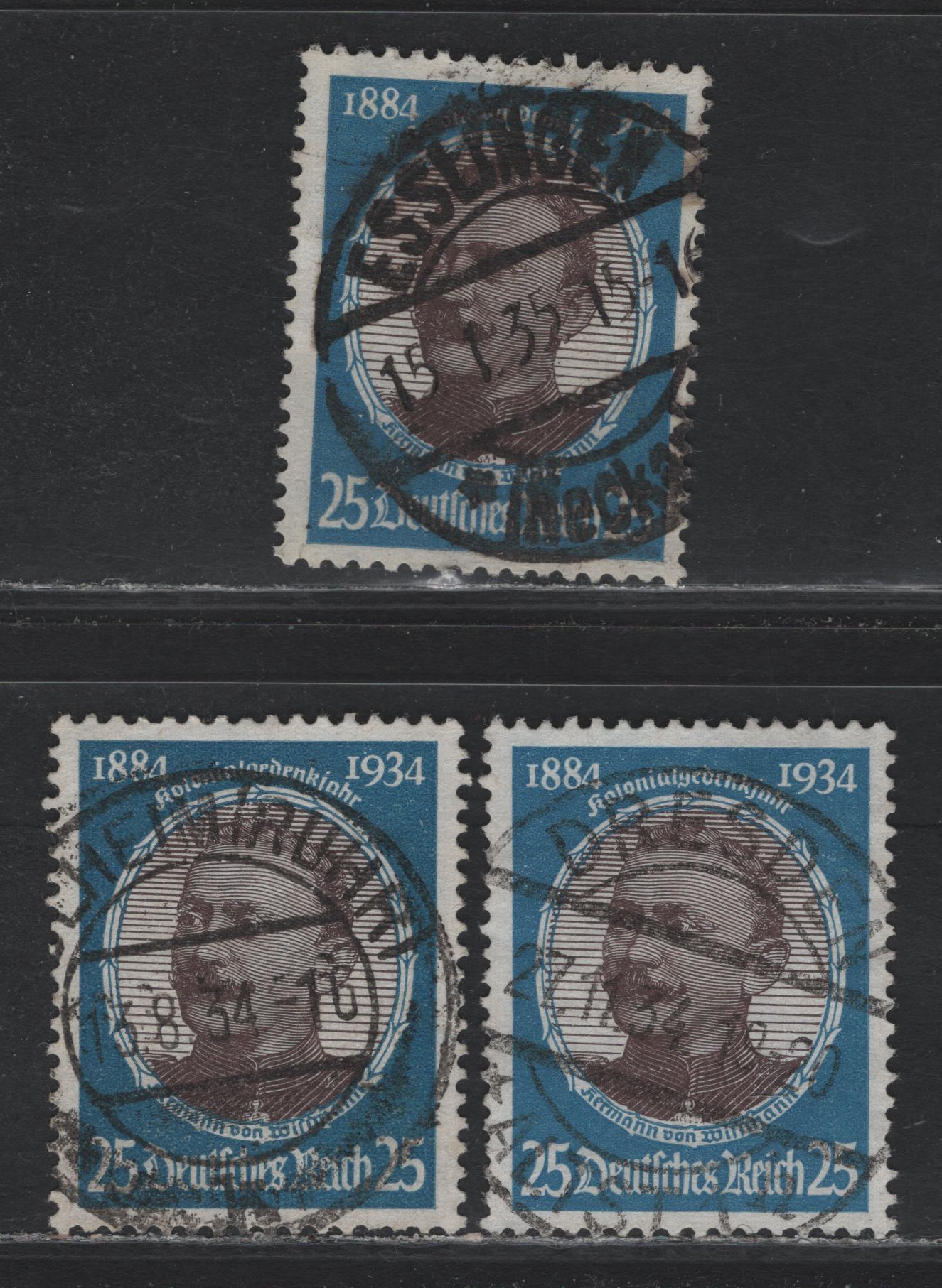 Lot 167 Germany SC#441 (543y) 25pf Bright Blue & Chocolate , 1934 Hindenburg Memorial Issue, 3 Fine/Very Fine Used Singles, CDS Used Examples, August 8 1934 Blheim Ruhr, November 27 1934 Dresden & January 1 1935 Esslingen Cancel