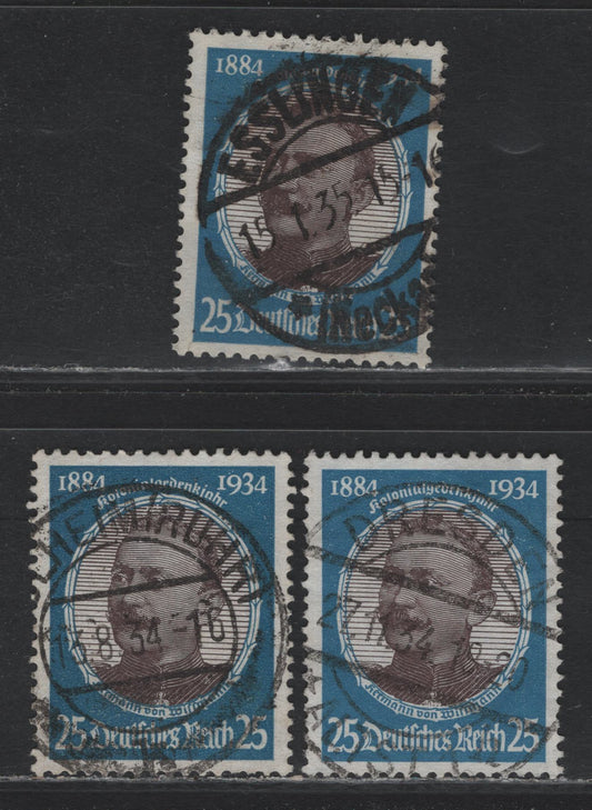 Lot 167 Germany SC#441 (543y) 25pf Bright Blue & Chocolate , 1934 Hindenburg Memorial Issue, 3 Fine/Very Fine Used Singles, CDS Used Examples, August 8 1934 Blheim Ruhr, November 27 1934 Dresden & January 1 1935 Esslingen Cancel