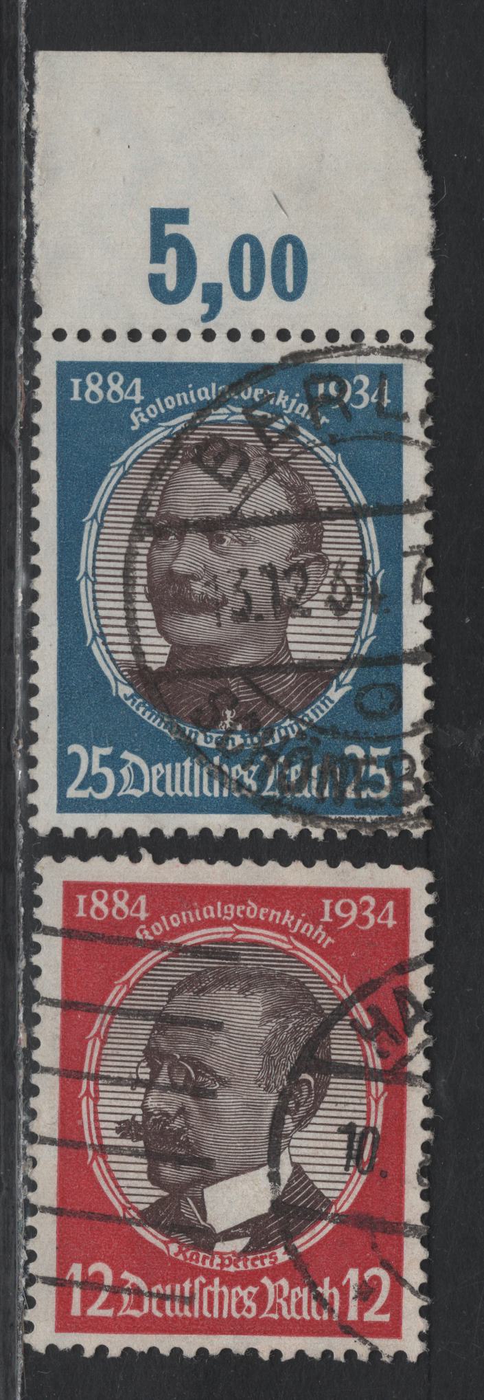 Lot 167A Germany SC#440-441 (542y, 543y) 12pf - 25pf Dark Carmine & Chocolate - Bright Blue & Chocolate , 1934 Hindenburg Memorial Issue, 2 Very Fine Used Singles, Horizontal Wove Paper Printing Of The 12pf & A Top Sheet Margin Single Of the 25pf