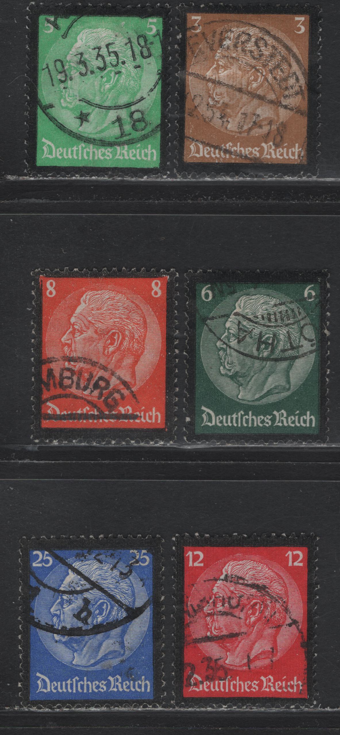 Lot 168 Germany SC#436-441 (548-553) 3pf - 25pf Olive Bistre - Ultramarine , 1934 Hindenburg Memorial Issue, 6 Very Fine Used Singles