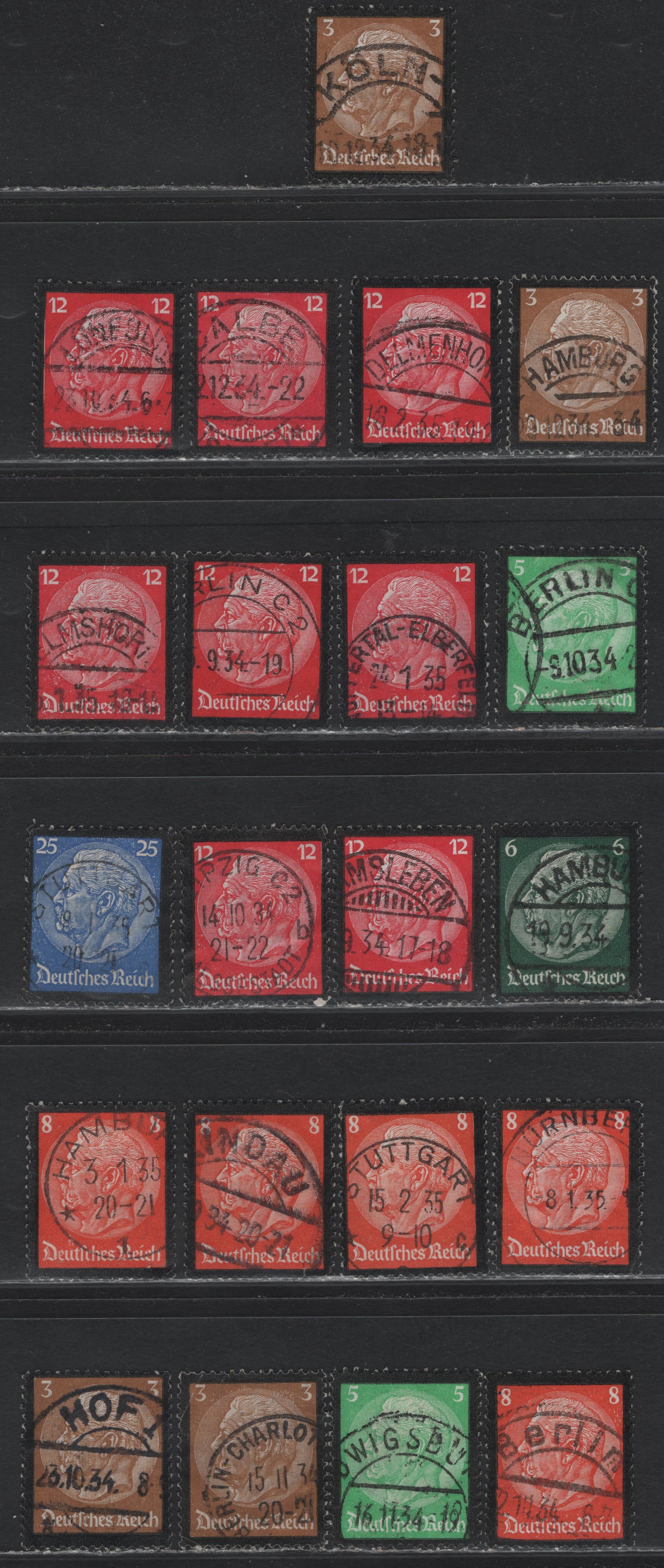 Lot 169 Germany SC#436-441 3pf - 25pf Olive Bistre - Ultramarine , 1934 Hindenburg Memorial Issue, 21 Fine/Very Fine Used Singles, Readable & Dated Town Cancels
