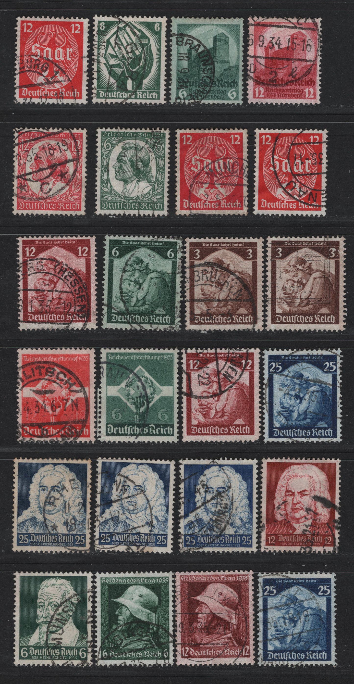 Lot 170 Germany SC#442-451, 454-458 (544/575) 6pf - 25pf Dark Green - Ultramarine , 1934-1935 Nazi Congress at Nuremburg - Schutz-Bach-Handel Cletebration Issues, 24 Very Fine Used Singles, Complete & Part Sets With Shade Variations That Are Not Listed