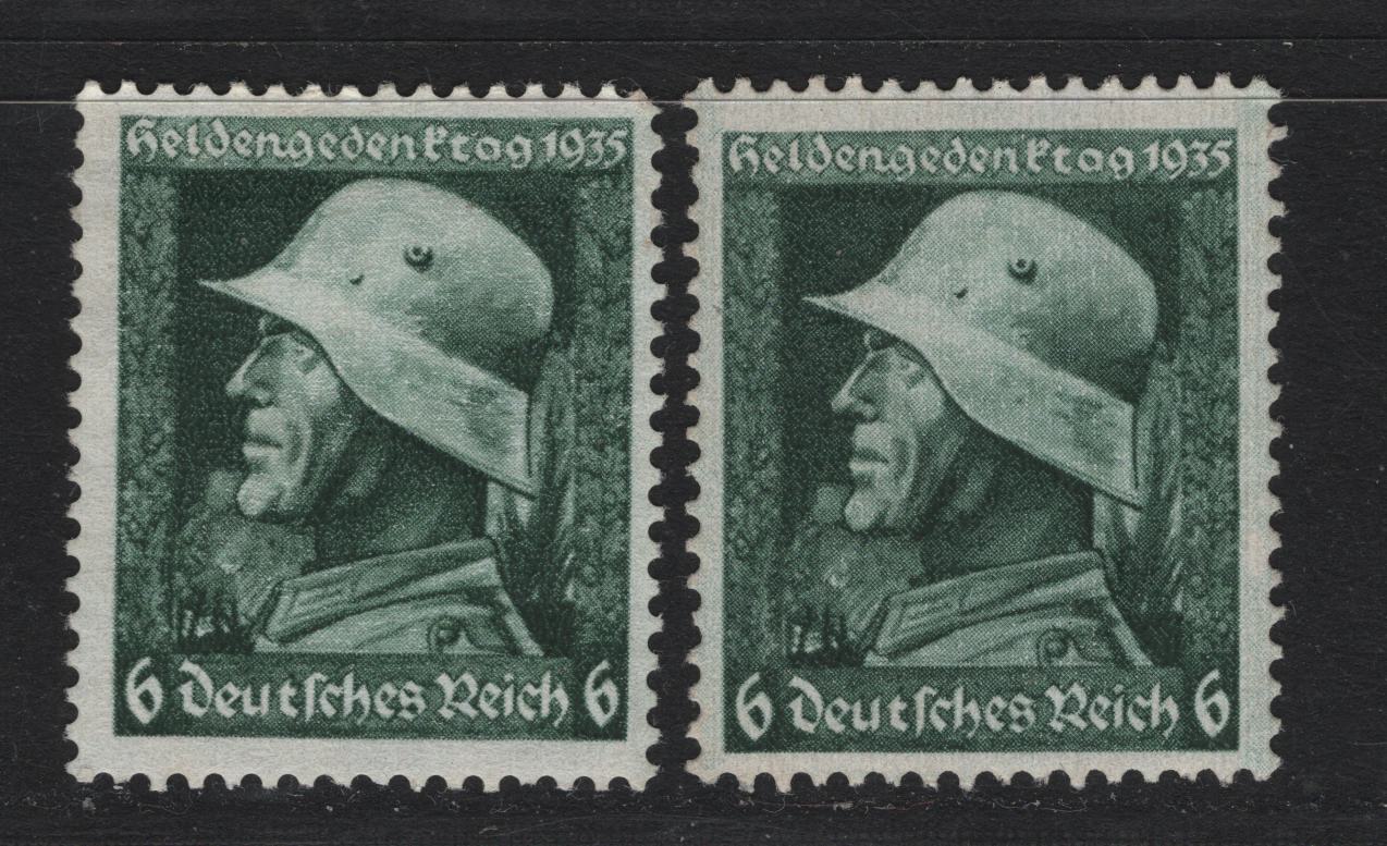 Lot 171 Germany SC#452 (569x-569y) 6pf Dark Green - Ultramarine , 1935 War Hero's Day Issue, 2 F/VFOG Singles, Horizontal & Vertical Wove Papers
