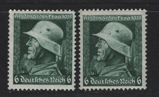 Lot 171 Germany SC#452 (569x-569y) 6pf Dark Green - Ultramarine, 1935 War Hero's Day Issue, 2 F/VFOG Singles, Horizontal & Vertical Wove Papers