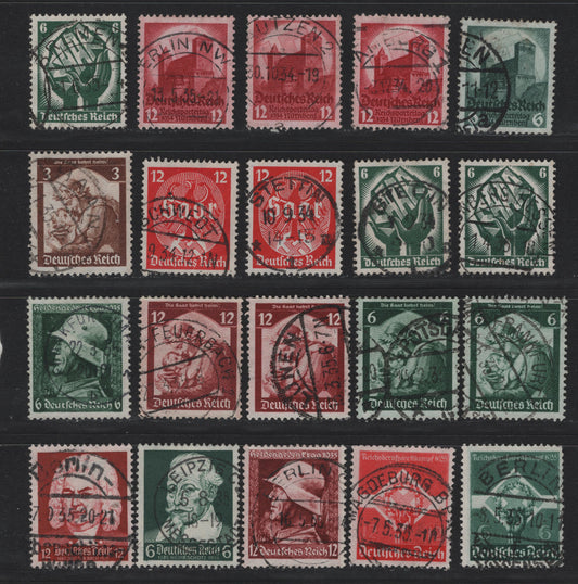 Lot 172 Germany SC#442/457 (554/573) 6pf Dark Green, 1934-1935 Nazi Congress at Nuremburg - Schutz-Bach-Handel Cletebration Issues, 20 Fine/Very Fine Used Singles, All With Readable & Dated Town Cancels