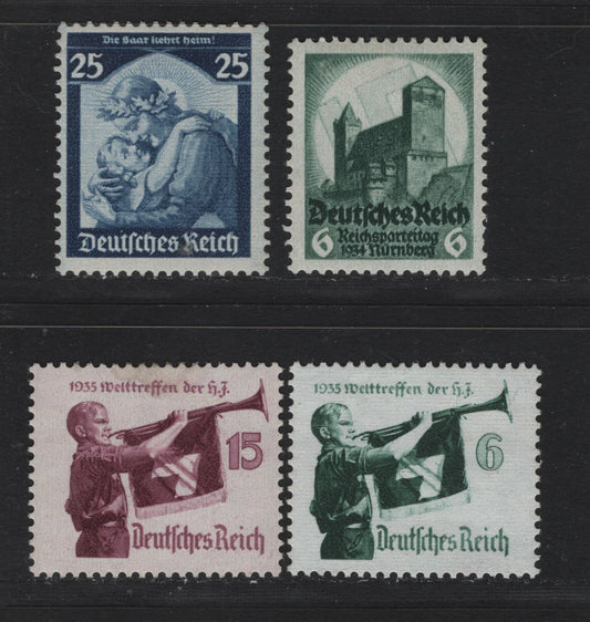 Lot 175 Germany SC#442, 451, 463-464 (546, 568, 584y, 585x) 6pf - 15pf Dark Green - Brown Lake, 1934-1935 Nuremburg Congress - Hitler Youth Meeting Issues, 4 F/VFOG Singles, 6pf (463 is Horizontal Wove White), The 15pf Is Vertical Wove