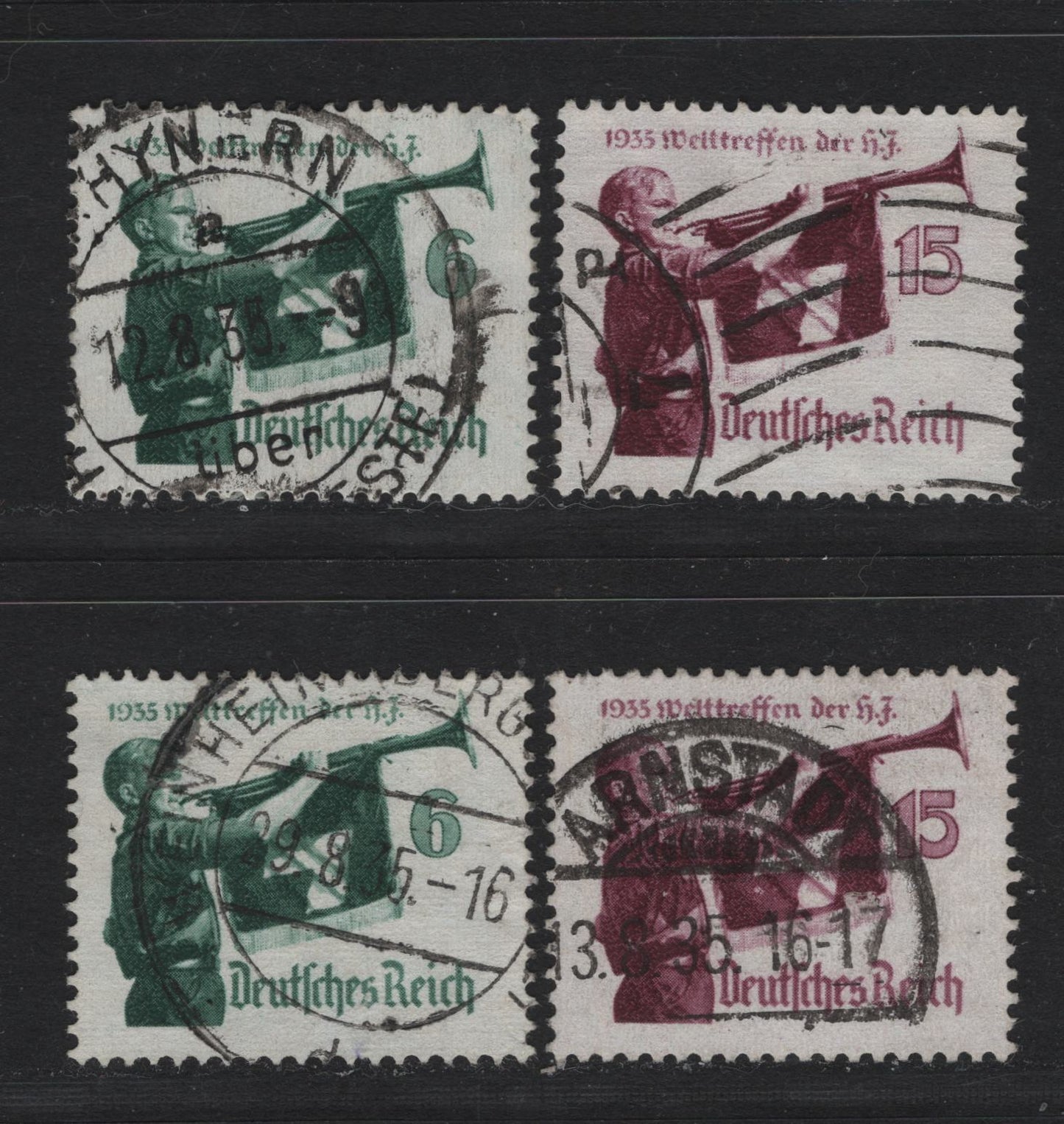 Lot 176 Germany SC#463-464 (584x-y, 585xy) 6pf Dark Green - Brown Lake , 1935 Hitler Youth Meeting Issue, 4 Very Fine Used Singles, Vertical Wove & Horizontal Wove papers