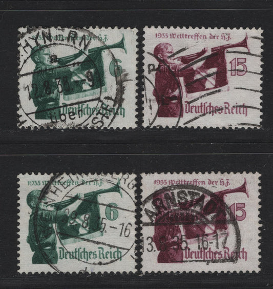 Lot 176 Germany SC#463-464 (584x-y, 585xy) 6pf Dark Green - Brown Lake, 1935 Hitler Youth Meeting Issue, 4 Very Fine Used Singles, Vertical Wove & Horizontal Wove papers