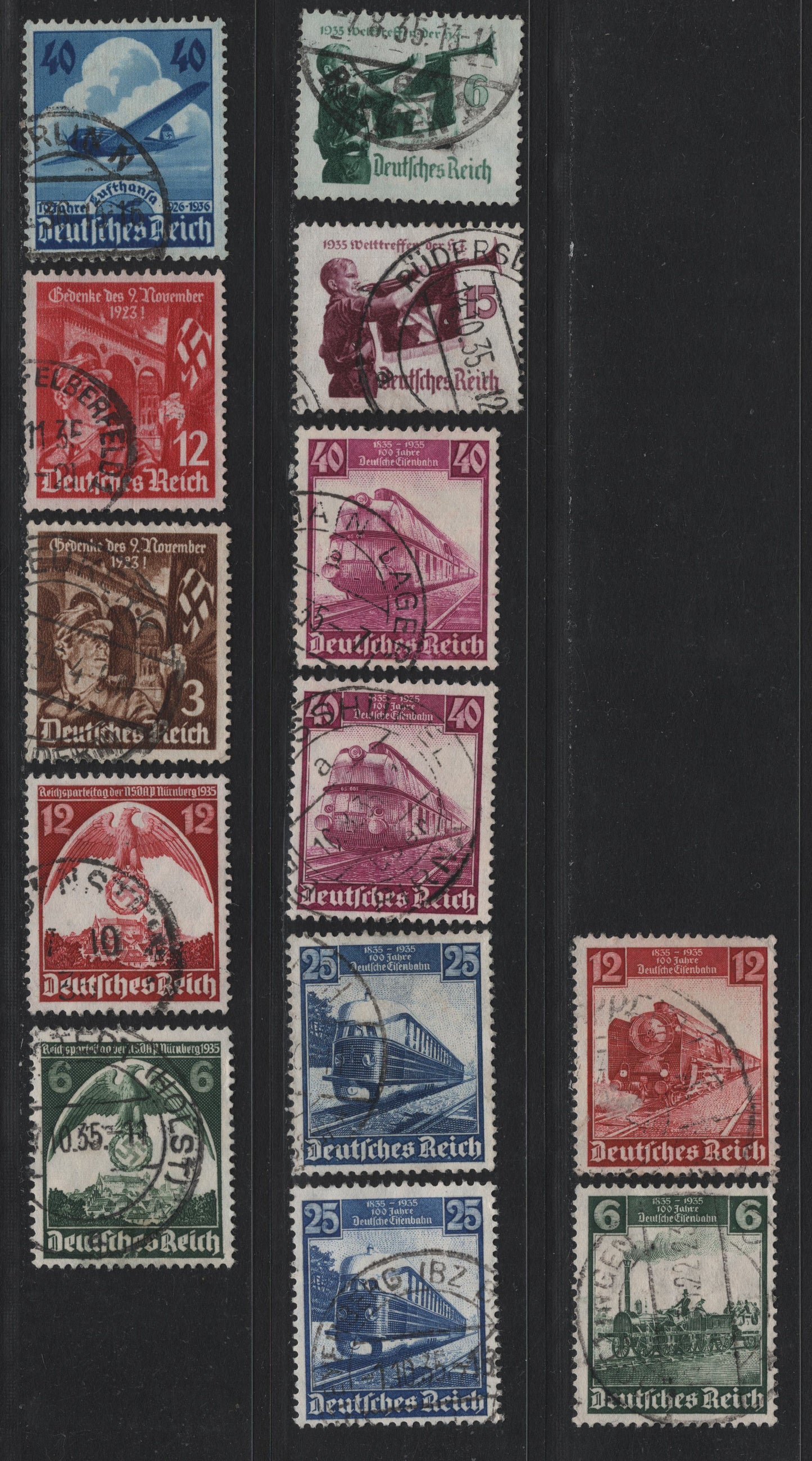 Lot 178 Germany SC#459-469 (580/603) 6pf - 40pf Dark Green - Sapphire , 1935 Railway Centenary - 10th Anniv of Lufthansa Issues, 13 Fine/Very Fine Used Singles, Extra Shades Of 25pf & 40pf Railroads, Hitler Youth & Putsch Issues Are Vertical Wove