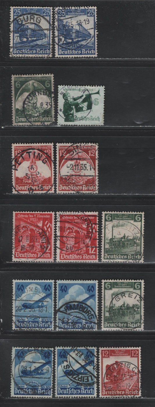 Lot 179 Germany SC#459/469 (580/603) 6pf - 40pf Dark Green - Dark Ultramarine, 1935-1936 German Railway Centenaru - Lufthanda 10th Anniv Issues, 15 Fine/Very Fine Used Singles, All With Readable, SON Town Cancels