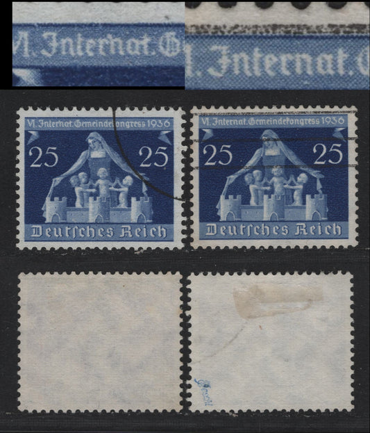 Lot 181 Germany SC#476 &var (620, 620I) 25pf Dark Ultramarine, 1936 6th International of Municipalities, 2 Very Fine Used Singles, Interhat Instead of 'Interrat' From Pos. 70