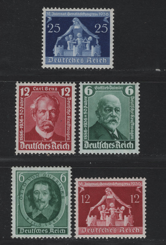 Lot 182 Germany SC#470-472, 475-476 (604-620) 6pf - 25pf Dark Green - Deep Ultramarine, 1936 50th Anniv of Automobile - Int'l Congress of Municipalities Issues, 5 VFNH Singles