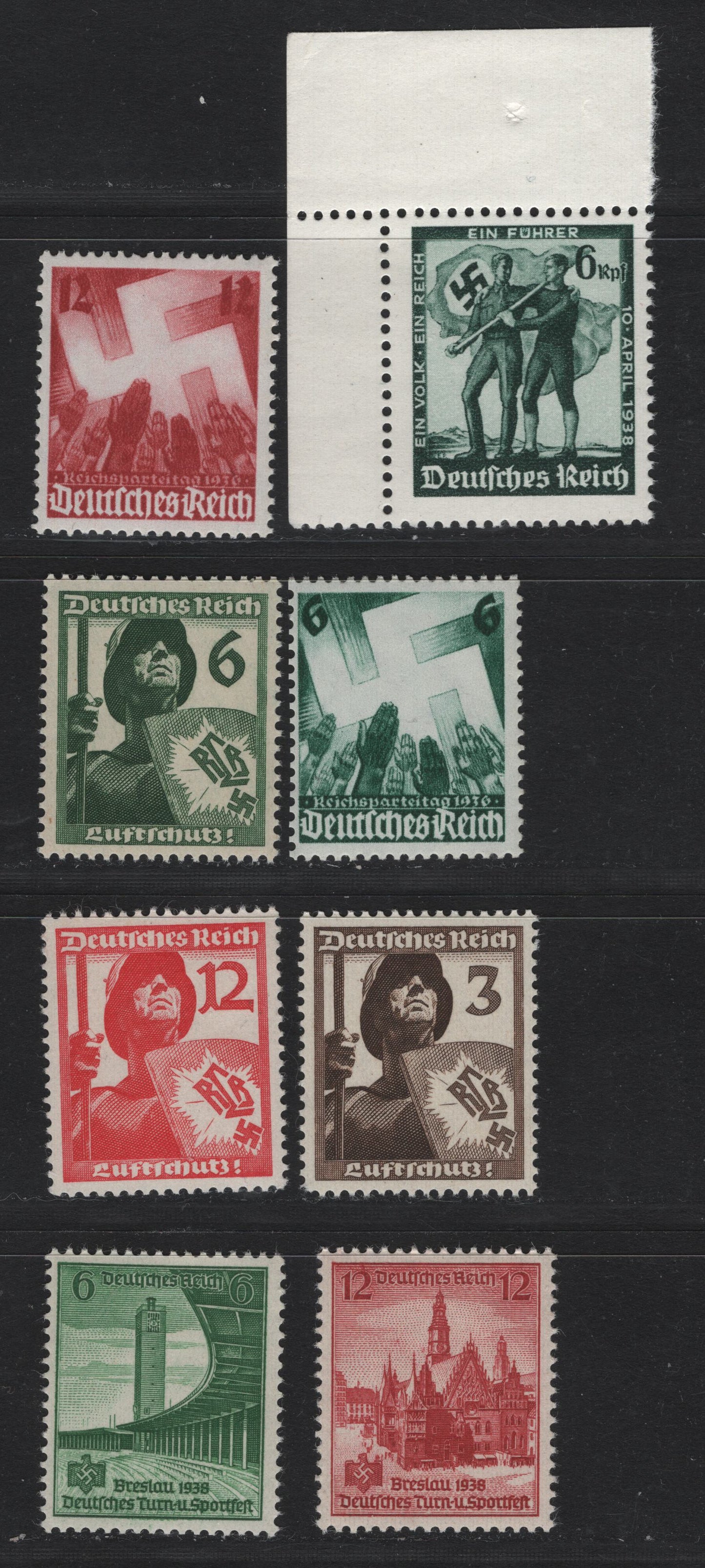 Lot 184 Germany SC#479-483, 485, 487-488 (632-633, 643-645, 663, 666-667) 6pf - 12pf Green - Copper Red , 1936-1938 Nazi Congress - Gymnastic & Sports Festival Issues, 8 F/VFNH Singles