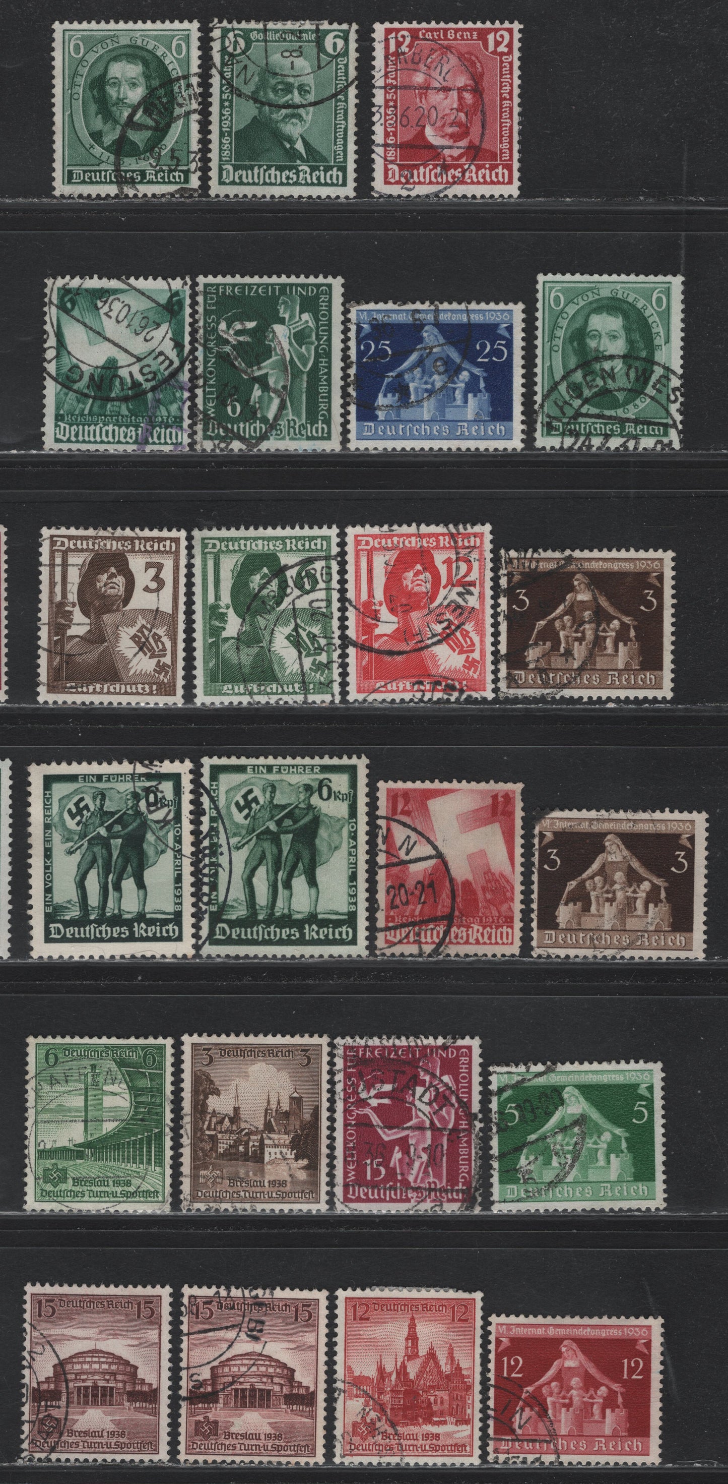Lot 186 Germany SC#470-489 (604/668) 6pf - 15pf Dark Green - Violet Brown , 1936-1938 50th Anniv of the Automovile - Gymnastics & Sports Festival Issues, 23 Fine/Very Fine Used Singles, Includes Some Shade Variations