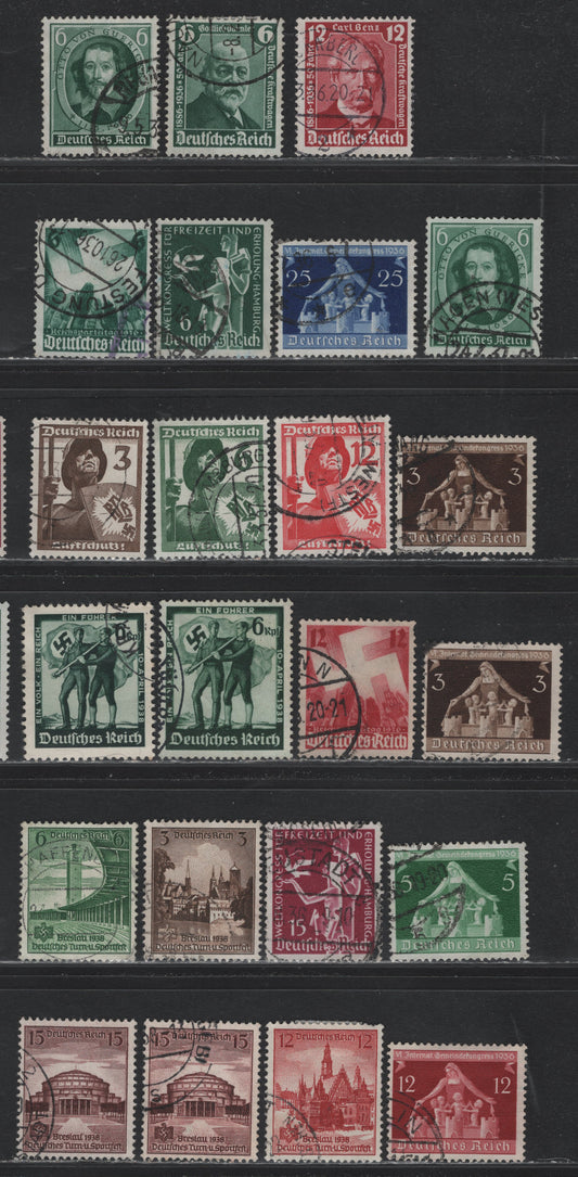 Lot 186 Germany SC#470-489 (604/668) 6pf - 15pf Dark Green - Violet Brown, 1936-1938 50th Anniv of the Automovile - Gymnastics & Sports Festival Issues, 23 Fine/Very Fine Used Singles, Includes Some Shade Variations