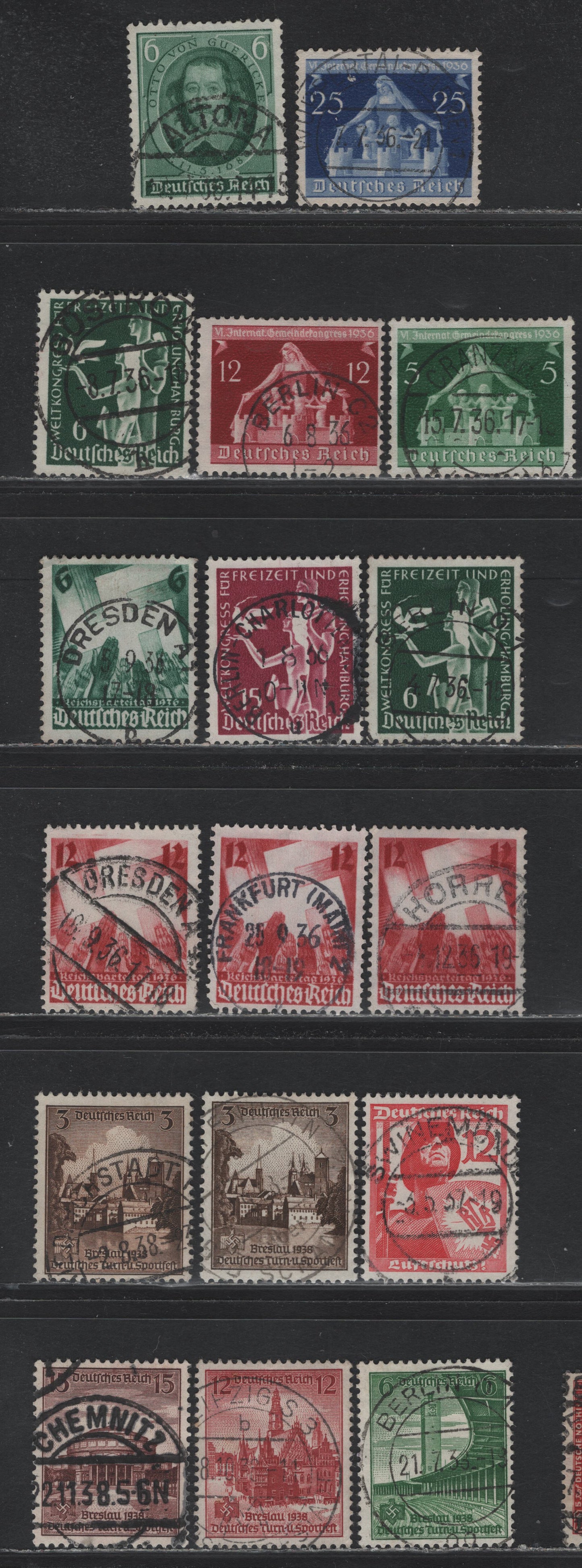 Lot 187 Germany SC#472/489(608/668) 6pf - 15pf , 1936-1938 Otto Von Guericke - Gymnastics & Sports Festival Issues, 17 Fine/Very Fine Used Singles, All With Dated & Readable CDS Town Cancels
