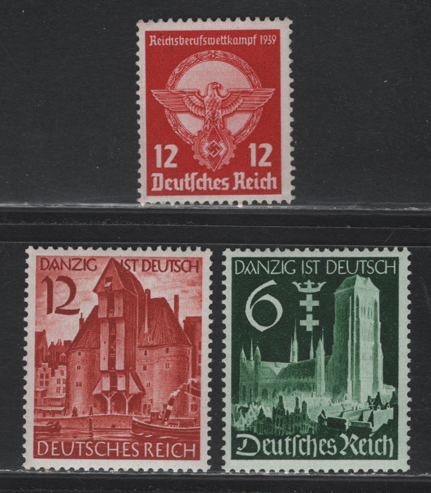 Lot 189 Germany SC#491-493 (690, 714-715) 12pf Deep Carmine - Orange Red , 1939 Young Worker's Professional Corporations - Unification of Danzig Issues, 3 VFOG/NH Singles, 12pf Carmine Appears To Be Either Regummed Or Brushed to Appear NH