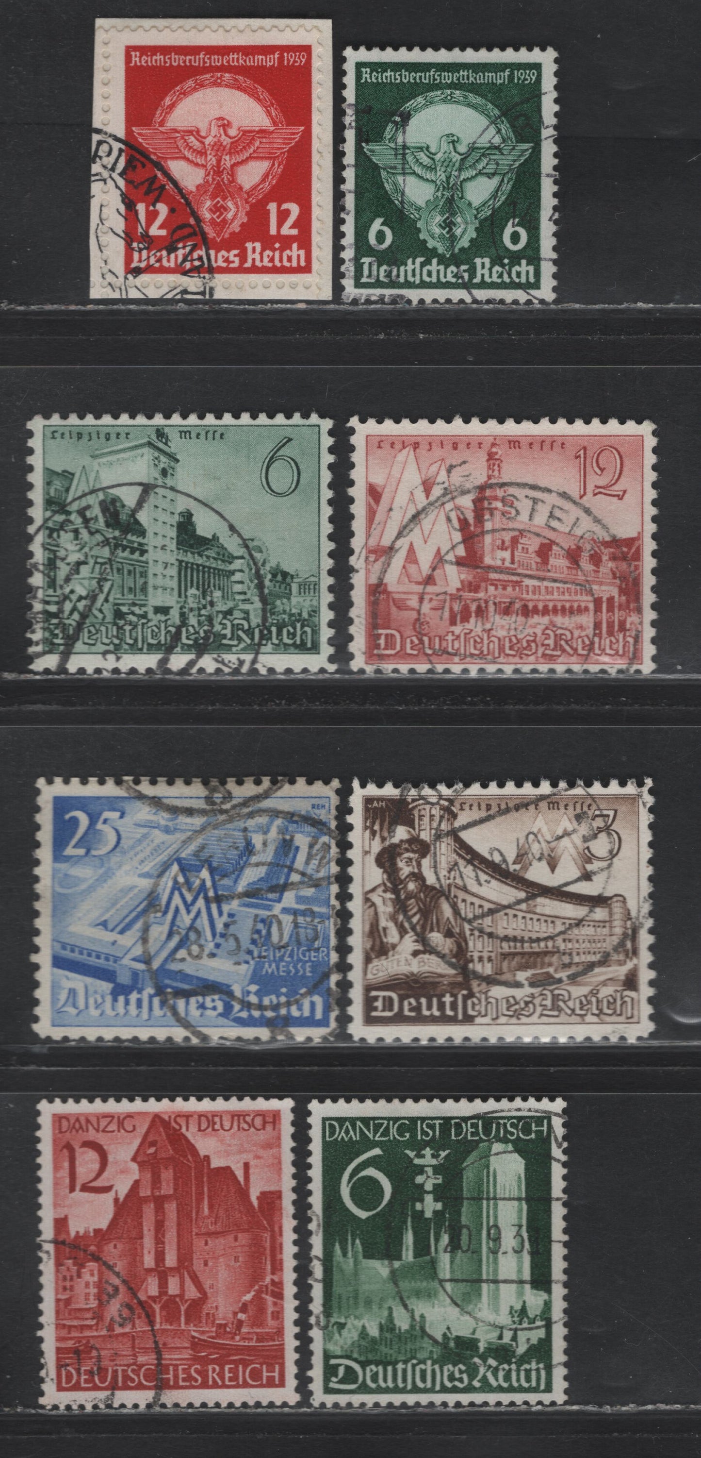 Lot 190 Germany SC#490-497 (689-690, 714-715, 739-742) 6pf - 25pf Dark Green - Ultramarine , 1939-1940 Young Workers Professional Corporations - Leipzig Fair Issues, 8 Fine/Very Fine Used Singles