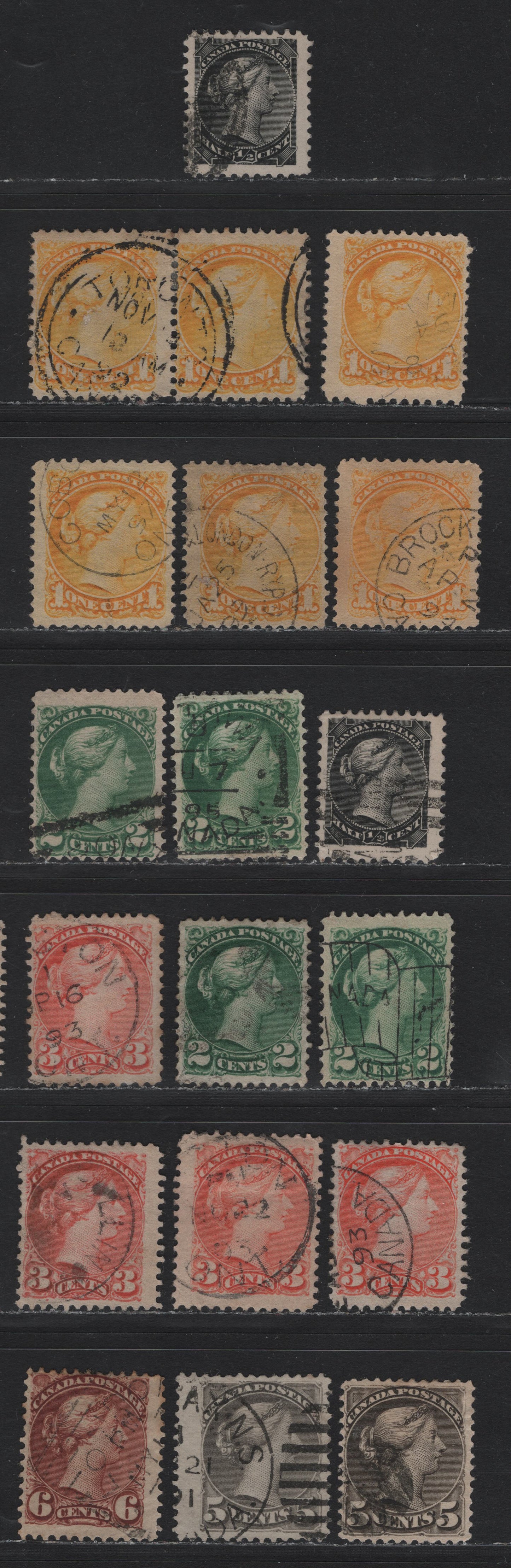 Lot 19 Canada #35, 36i, 34, 41-43 1/2c - 6c Black - Red Brown Queen Victoria, 1870-1897 Small Queen Issue, 19 Ungraded Used Singles, Study Group Of Predominatly Fine Used Examples, Completely Unchecked As To Paper & Perf
