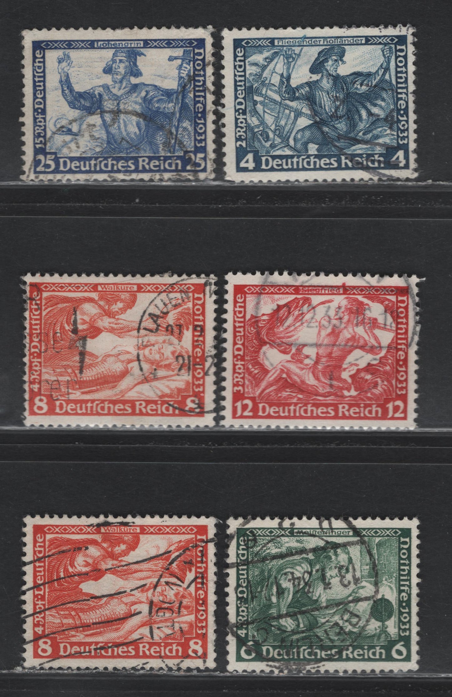 Lot 191 Germany SC#B50, B52-B54, B53a, B56 (500A, 502A, 503A-B, 504A, 505A) 4pf+2pf - 12pf+3pf Dark Blue - Brown Red , 1933 Wagner Issue, 6 Good - Very Fine Used Singles, Includes Both Perfs Of the 8+4pf, All Others Are Perf 13.5x14