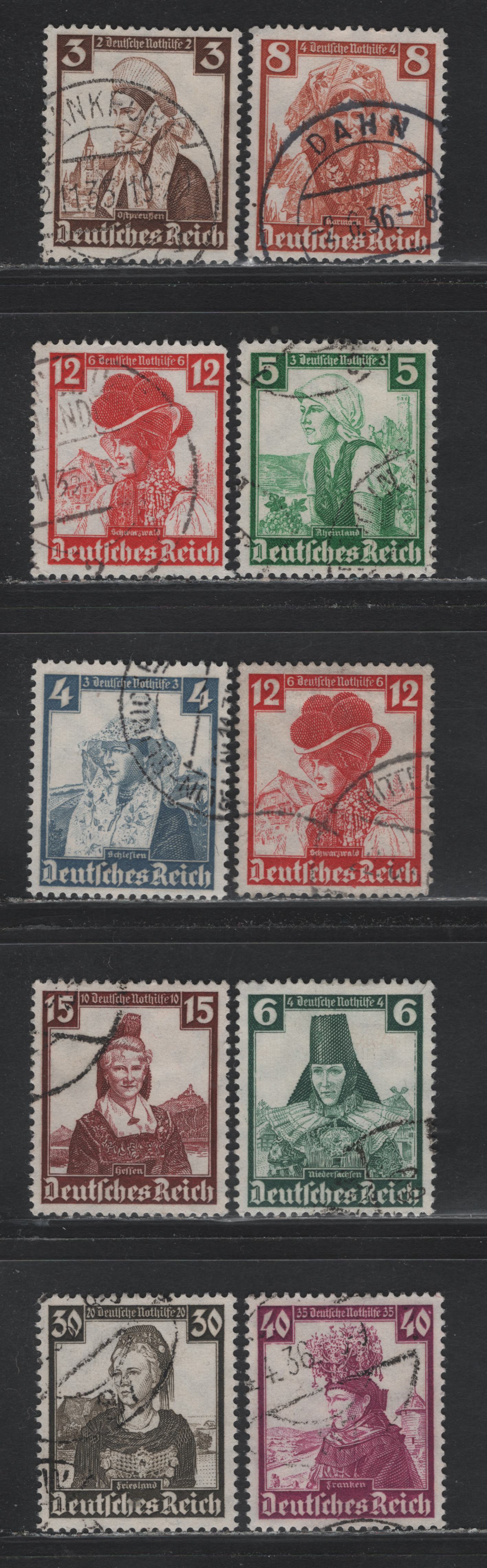 Lot 195 Germany SC#B69-B75, B77-B78 (588-594, 596-597) 3pf+2pf - 40pf+35pf Dark Brown - Plum , 1935 Costumes Semi Postal Issue, 10 Fine/Very Fine Used Singles, Includes 2 Shades of The 12pf+6pf Dark Carmine
