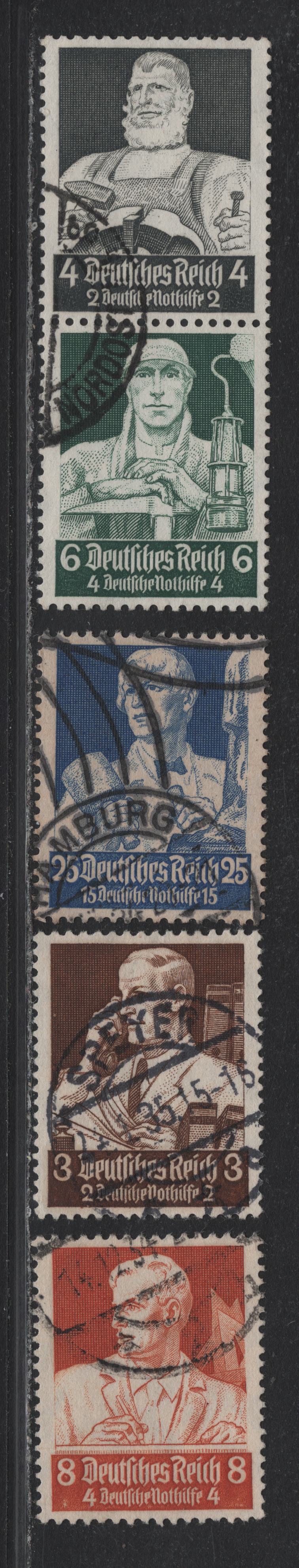 Lot 197 Germany SC#B59-B60, B62-B63, B66 (556, 560, 563) 3pf+2pf - 6pf+4pf Brown - Dull Green , 1934 Professions Semi Postal Issue, 5 Very Fine Used Singles & Vertical Booklet Pair