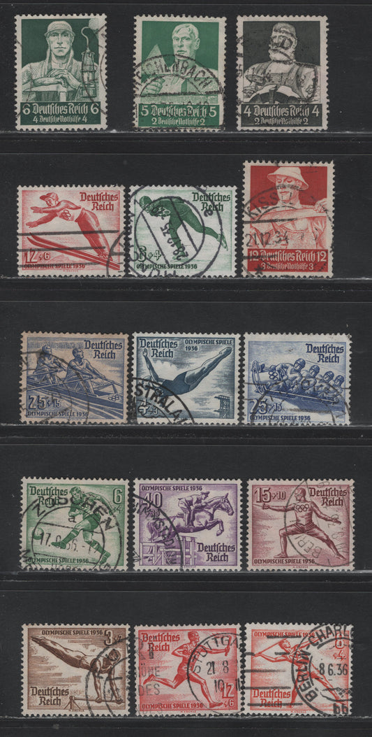 Lot 198 Germany SC#B60-B62, B64, B79-B89 (557/561, 600x-602x, 609-616) 4pf+2pf - 40pf+35pf Black - Violet, 1934-1936 Professions - Summer Olympic Games Semi Postal Issues, 15 Fine/Very Fine Used Singles, B80 Has A Light Crease In UR
